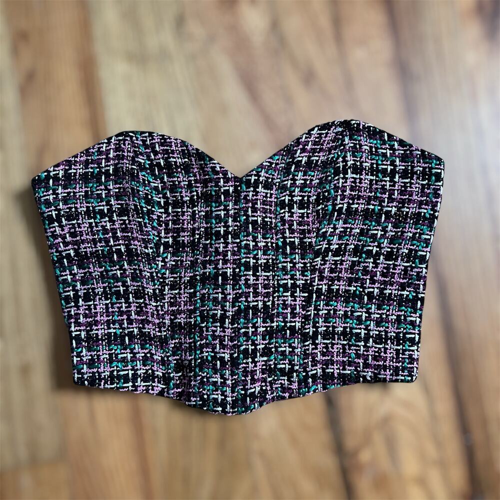 Zara Tweed Bustier Corset Crop Top XS Womens Plaid Pink Boning Preppy Metallic